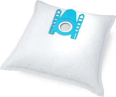 A white vacuum cleaner bag with a blue plastic fitting.