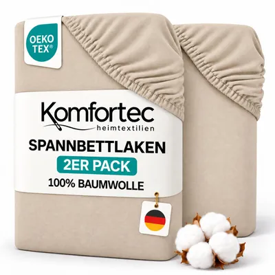 Produktbild von Komfortec 2er Pack Jersey Spannbettlaken 140x200 cm, 100% Baumwolle, Doppelpack Spannbettuch, Beige