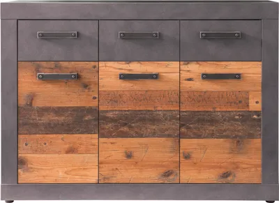Image de Indy Commode, 3 portes, 3 tiroirs, imitation chêne gris, look vieux bois.