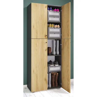 Produktbild von VCM Holz-Schuhschrank | Maße: B. 70 x H. 184 x T. 40 cm | Allzweckschrank | 5 Fächer | 4 Drehtüren - Lona