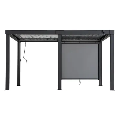 A dark gray pergola structure with a retractable shade is shown against a white background.