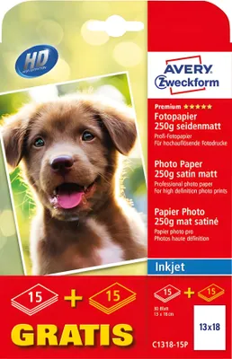 Produktbild von Avery C1318-15P, Satinmatt, 250 g/m², Tintenstrahl, 13x18 cm, Weiß, 30 Blätter