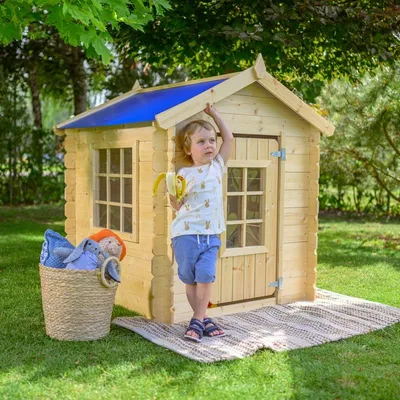 Produktbild von Timbela M570M-1 Kinderspielhaus aus Holz -Spielhaus im Freien für Kinder - 111x113xH121 cm/0.9 m2 Gartenspielhaus - Garten-Sommerhaus für Kinder (Die Dachfarbe ist blau)