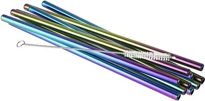 Produktbild von APS 93385 Trinkhalme, Edelstahl, 10er-Set, inkl. Reinigungsbürste, Ø 8 mm, Länge 21,5 cm, Regenbogen-Look