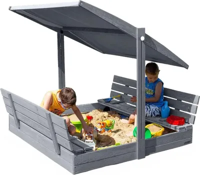 Produktbild von Ladanas® Sandkasten Holz- IMPRÄGNIERT -140 x 140 cm -Sandkiste Kinder incl. VLIES und ABDECKPLANE - faltbaren Bänken & verstellbarem Dach (blau )- UV50- & Sonnendach