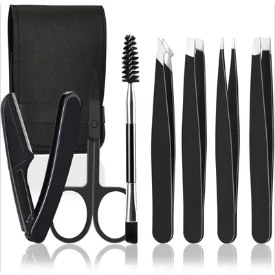 Produktbild von Augenbrauenrasierer, 7-in-1-Augenbrauen-Set,Edelstahl,einschließlich Augenbrauenbürste,Pinzettemit Leder Etui,Schwarz