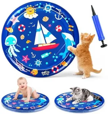 Produktbild von 100 cm Wassermatte für Katzen, Wasserspielmatte Katze, Wassermatte Mit Fischen für Katzen, Katze Wassermatten, Sensorische Wasserspielmatte für Katzes, Mit Luftpumpe, Sommer-Katzenspielmatte