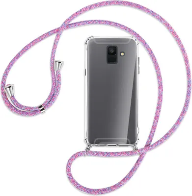 Produktbild von Handykette Backcover-Schutzhülle mit Band (Metall silberfarben) für Samsung Galaxy A6 2018 - lila/rosa/blau