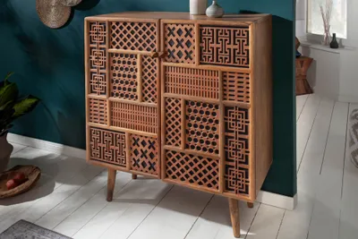 Produktbild von Massives Highboard MARRAKESCH 120cm Mangoholz mit Verzierung Boho Stil Kommode Anrichte