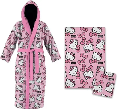 Zdjęcie produktu dla Zestaw kąpielowy Hello Kitty - przytulny szlafrok, ręcznik i flanela dla dzieci w wieku 5/6 lat