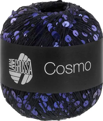 A ball of dark yarn with purple sequins, wrapped in a black band with branding and product name.