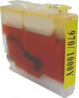 A close-up, angled view of a yellow and red ink cartridge.