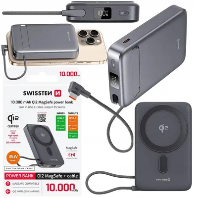 Zdjęcie produktu dla SWISSTEN Powerbank MagSafe 15W 10000 mAh kabel USB-C 35W MagFusion Qi2