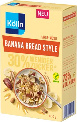 Zdjęcie produktu dla Kölln Musli owsiane w stylu banana bread, o obniżonej zawartości cukru, opakowanie 400 g