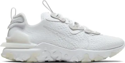 A white Nike React Vision sneaker is shown from a side view against a white background.