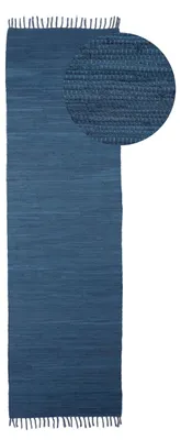 Produktbild von Flickenteppich Kelim Chindi Uni Läufer Blau 80x300 cm, handgewebt | Fleckerlteppich aus Baumwolle für Wohnzimmermit Fransen