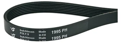 A black serpentine belt with white text printed on it.