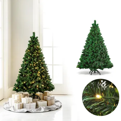 Zdjęcie produktu dla Sztuczne drzewko świąteczne Eikuavons, wysokość 120 cm, z 150 ciepłobiałymi diodami LED, 340 ozdobami, wykonane z materiału przypominającego jodłę, z metalową podstawą, idealne do salonu