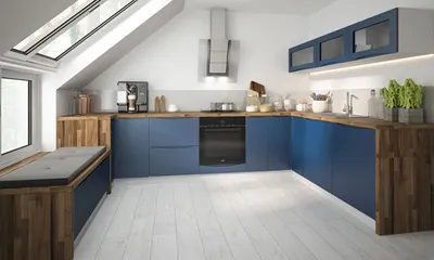 Produktbild von Küchenzeile U-Form 210x330x210cm Küche weiß / violettblau matt lackiert Modern Küchenblock