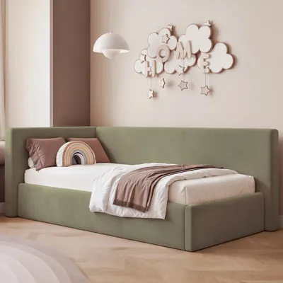 Produktbild von Eckbett Jugendbett Sampre 90x200 cm Salbeigrün Links Velvet – Bettkasten, Metalllattenrost