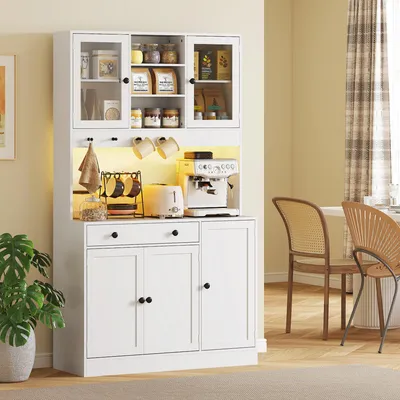 Produktbild von Küchenbuffet Highboard im modernen Landhausstil Weiß 103x40x180 cm Küchenschrank mit LED-Beleuchtung, Acrylglastüren, 1 Schublade & offenen Regalen