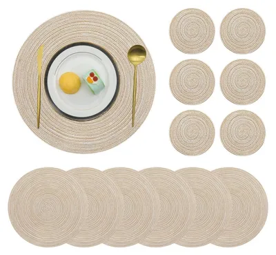 Obrázek produktu pro Sada 6 podtácků, kulaté, z bavlny, odolné vůči teplu, omyvatelné, protiskluzové, krémově béžové, průměr 38 cm