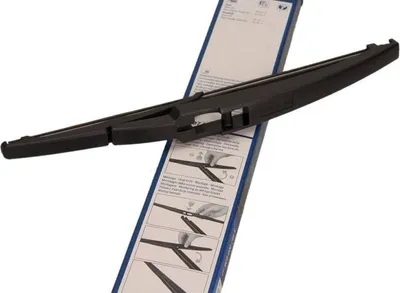 A black Bosch windshield wiper is placed on top of its blue and white packaging, which shows installation instructions.