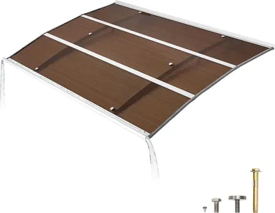 Image de Auvent SucceBuy pour porte d'entrée 150 x 100 cm, design incurvé avec système de drainage et support métallique stable, protection contre la pluie, la neige et le soleil, toit en polycarbonate pour véranda et terrasse, marron