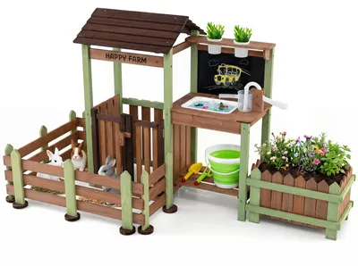 Produktbild von COSTWAY Kinder Matschküche, Gartenspielküche mit Pflanzkasten, 2 Blumentöpfen, Wasserpumpe, Waschbecken & Kreidetafel, Gartenspielzeug für Kinder 3+