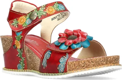 Produktbild von LAURA VITA Keilsandalette Bonito 03 rot Leder + Blume blau/rot mit 2 Klettverschlüssen zum Anpassen Größe 36 EU