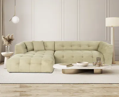 Produktbild von Hanah Home, Ecksofa in Grün, 300 x 150 cm | Buchenholz & Spanplatte, 100% Polyester, 28 DNS Schaum für Rücken | Feste Kissen, pflegeleicht, modern & bequem für Ihr Zuhause.