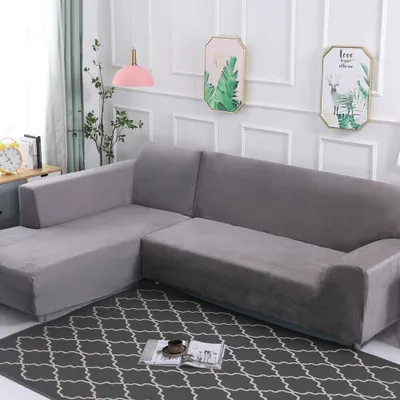 Produktbild von Stretch Samt Sofahusse Sofabezug L-Form Schnittsofa Überwurf 2 Stück Dicker Plüsch Sofabezüge für Ecksofa (2-Sitzer+3-Sitzer),Hellgrau
