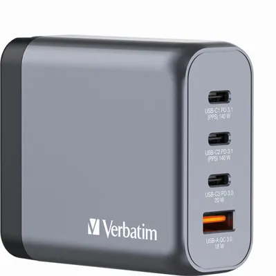 Productafbeelding van VERBATIM 32203 GaN-lader, 140W, 1x USB-A, 3x USB-C, grijs