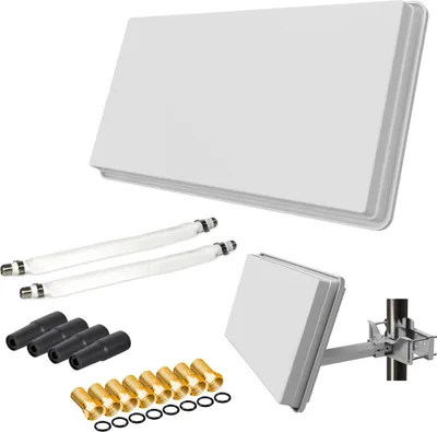 Produktbild von SAT Flachantenne Twin H30D2+ mit Fensterhalterung + 2 Fensterdurchführung + 8 F-Stecker + 4 Wetterschutztüllen (Full HD 4K UHD Sat Anlage für 2 Teilnehmer) netshop 25 Set