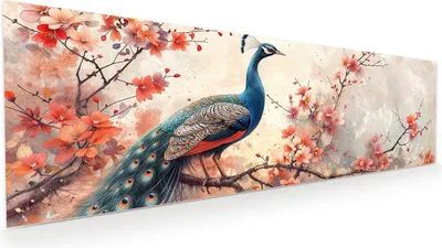 Produktbild von Glasbild 120x40cm in XXL für Wohnzimmer, Schlafzimmer Motiv Pfau und Blüten