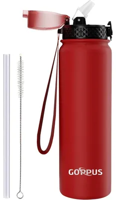 Produktbild von Thermosflasche 1L mit Strohhalm, Edelstahl, Rot, BPA-frei