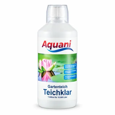 Aquani Teichklar, 1 L mit Messbecher auf weißem Hintergrund, KI-generiertes Bild
