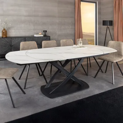 Produktbild von riess-ambiente Ausziehbarer Esstisch INCEPTION 130-190cm weiß Marmor Keramik schwarzes Metallgestell