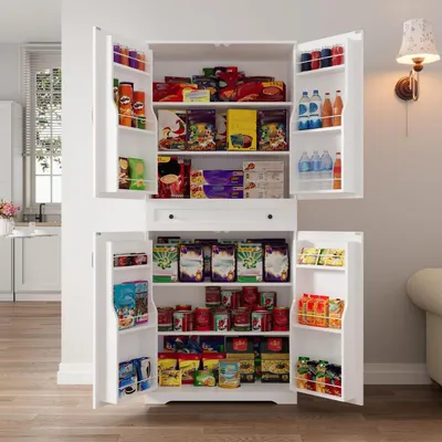 Obrázek produktu pro Kuchyňská skříňka s 12 policemi ve dveřích a zásuvkami, bílá, rozměry 183 x 76 x 40 cm