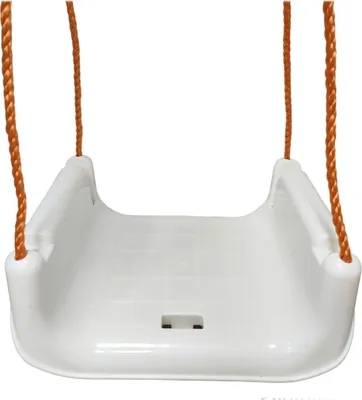 A white baby swing seat with orange ropes, isolated on a white background.