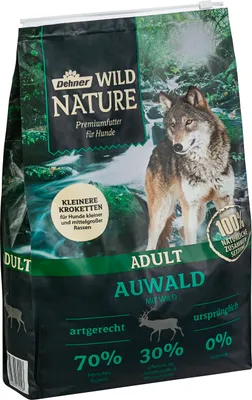 A bag of dog food with a wolf image on it.