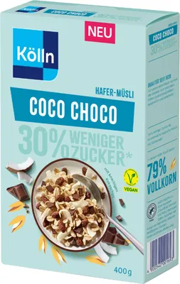 Zdjęcie produktu dla Kölln Coco Choco – musli owsiane o obniżonej zawartości cukru z wiórkami kokosowymi, opakowanie 400 g