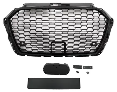 Productafbeelding van Koolgrill zonder embleem voor Audi A3 8V facelift, modeljaren 2017-2018, glanzend zwart, RS3-look.