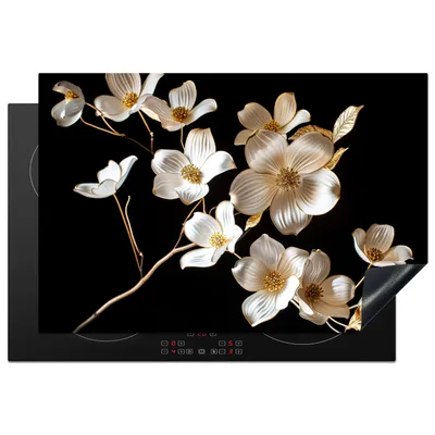 Produktbild von KitchenYeah© Herdabdeckplatte Schwarz - Blumen - Weiß , 78x52cm, Küche Deko, Glaskeramikkochfeld Herdabdeckung, Abdeckplatte fùr Kochfeld