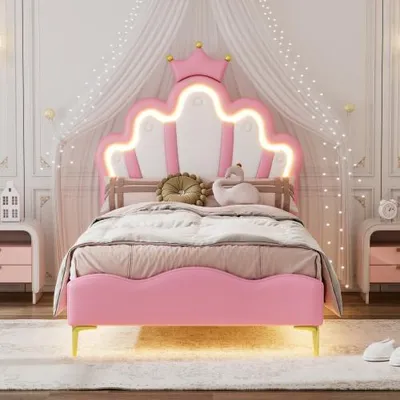 Produktbild von 90*200cm Flaches Doppelbett, kronenförmiges Prinzessinnenbett, weiche Polsterung aus Kunstleder, verstellbarer LED-Umgebungslichtstreifen, Rosa
