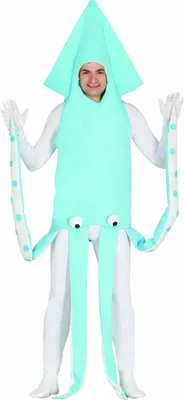 A person wearing a teal squid costume with white accents and polka dots.