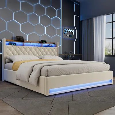 Produktbild von okwish Polsterbett 180×200 mit USB,LED-Beleuchtung und Stauraum-Kopfteil,Jugendbett mit Bettkasten,Doppelbett,Beige,ohne Matratze