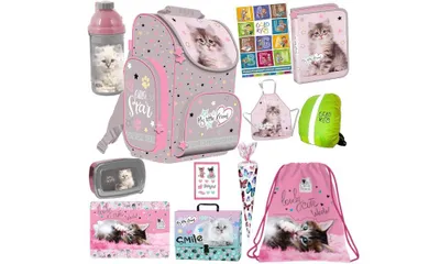 Produktbild von Katze Cat Grey Schulranzen ergonomischer Ranzen Zuckertüte Federmappe Turnbeutel Brotdose Trinkflasche Malunterlage Sammelmappe Aufgabenheft für die Grundschule 12er Set XXL