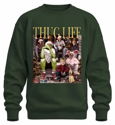 Immagine prodotto di Felpa con cappuccio a tema "Thug Life", con la figura di Grinch, "Kevin Alone at Home", a tema natalizio, colore verde bottiglia, taglia S
