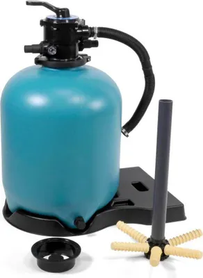 A teal sand filter for a swimming pool, shown with its top mount valve and some accessories, on a white background.